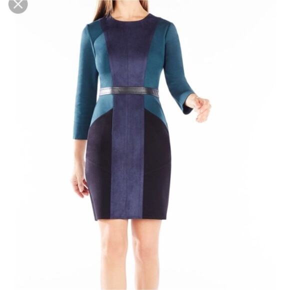 BCBGMAXAZRIA Dark Fern BEATRIZ Faux Suede Colorblock Long Sleeve Sheath Dress M - Picture 9 of 10